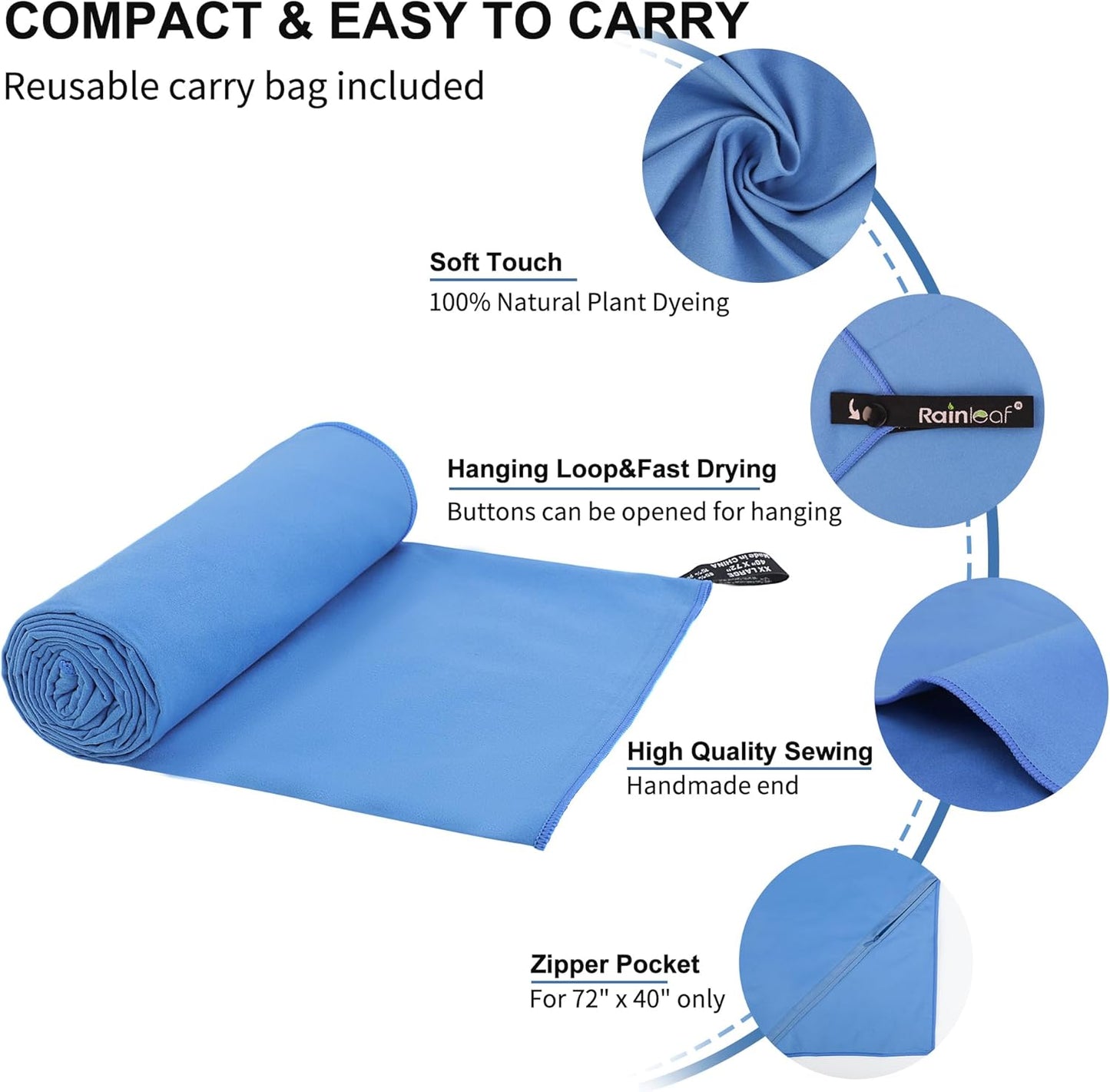 Rainleaf Microfiber Towel - Quick-Dry, Super Absorbent, Ultra Compact | Ideal for Travel, Gym, Camping, Beach