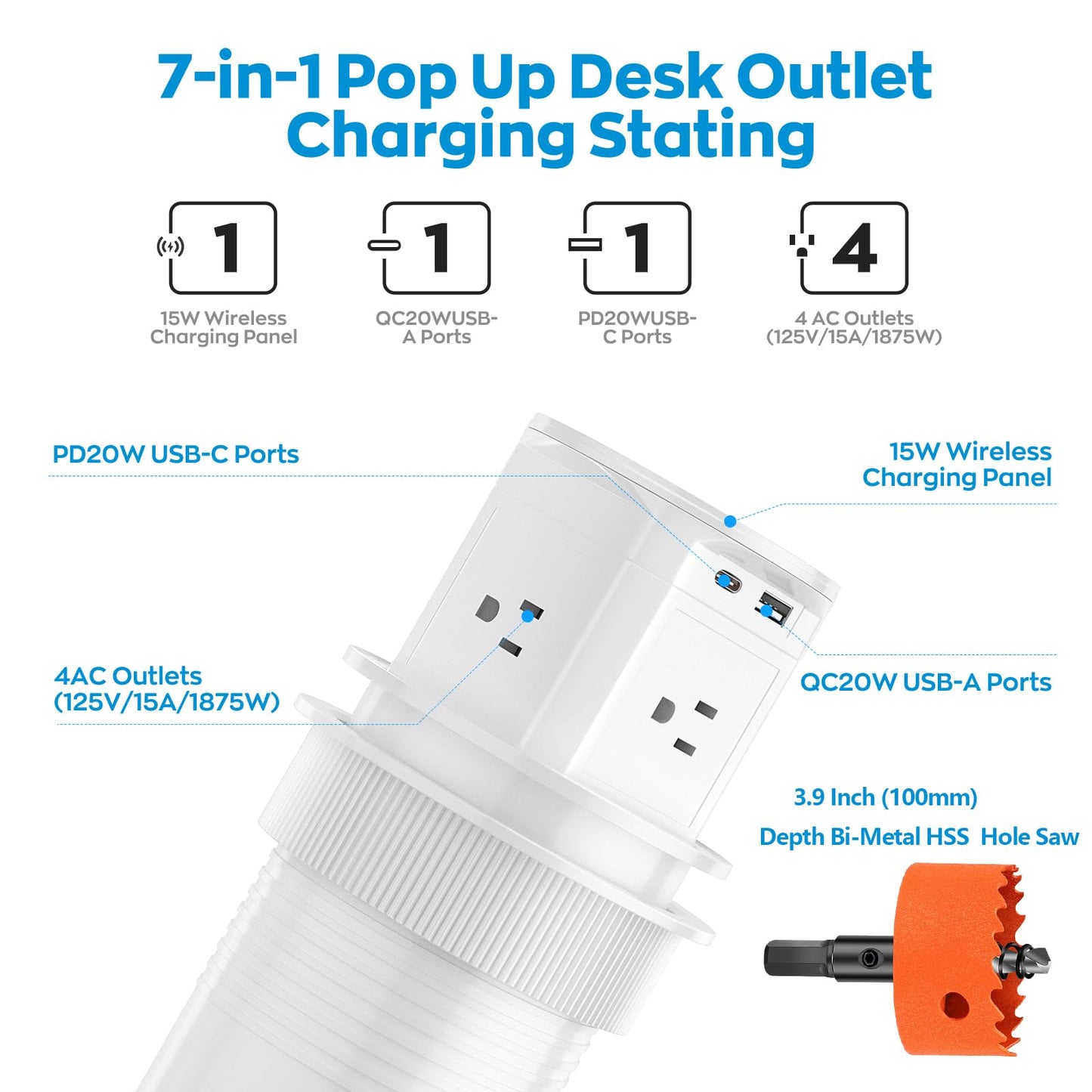 Pop Up Countertop Outlet with 15W Wireless Charger,Pop up Outlet,Max 20W USB Power Delivery,3.9" Space Saver Recessed Outlet,Pop Up Electrical Outlet with 4 Outlets 15A, 2 USB Ports for Home Office.
