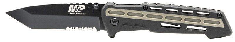Smith & Wesson M&P AR Overmold 8.2in High Carbon S.S. Folding Knife with 3.5in Serrated Tanto Blade and Rubber Handle for Outdoor Survival and EDC, 1100082