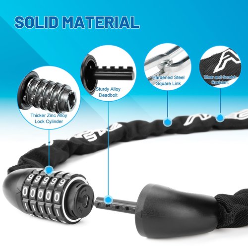 APECYC Bike Chain Lock Heavy Duty, 5 Digit Combination Anti-Theft Bicycle Lock, 3 FT Hardened Steel Square Links Locks for Bike, E-Bike, Motorcycle, Scooter, Gate