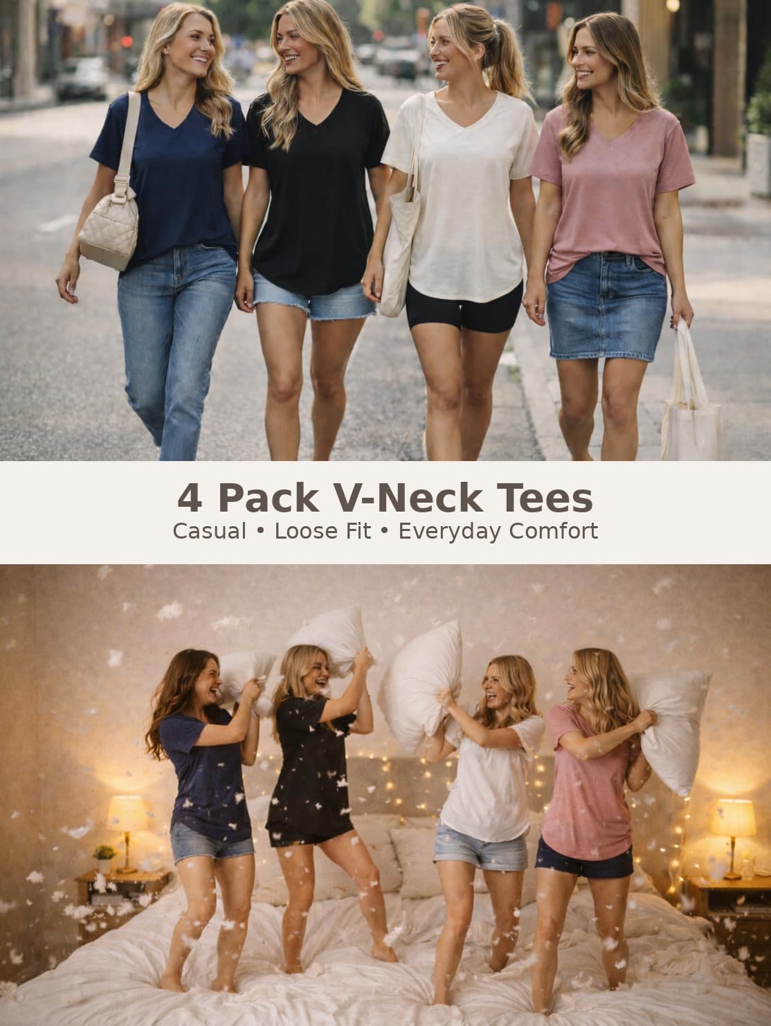 Skiennix V-Neck T-Shirts for Women - Casual Short Sleeve Tops | Plus Size, Loose Fit, 4 Pack
