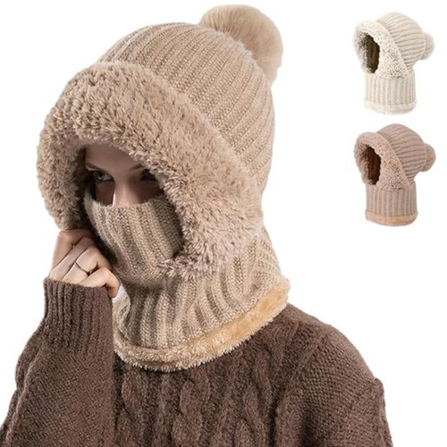 3 in 1 Beanie Hat for Women, 3 in 1 Beanie Hat with Scarf and Mask,Warm Winter Pom Hat for Cold Weather (Khaki)