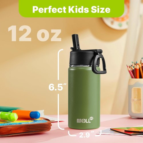 12 oz Water Bottle for Kids-Small Insulated Water Bottle with Straw-Stainless Steel Double Wall Vacuum Sports Water Bottle for School (Grass Green)