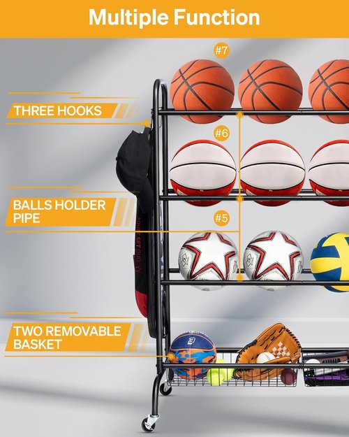 EXTCCT Basketball Rack - Rolling Training Stand with Wheels | Four-Layer Organizer for Basketballs, Footballs, Volleyballs