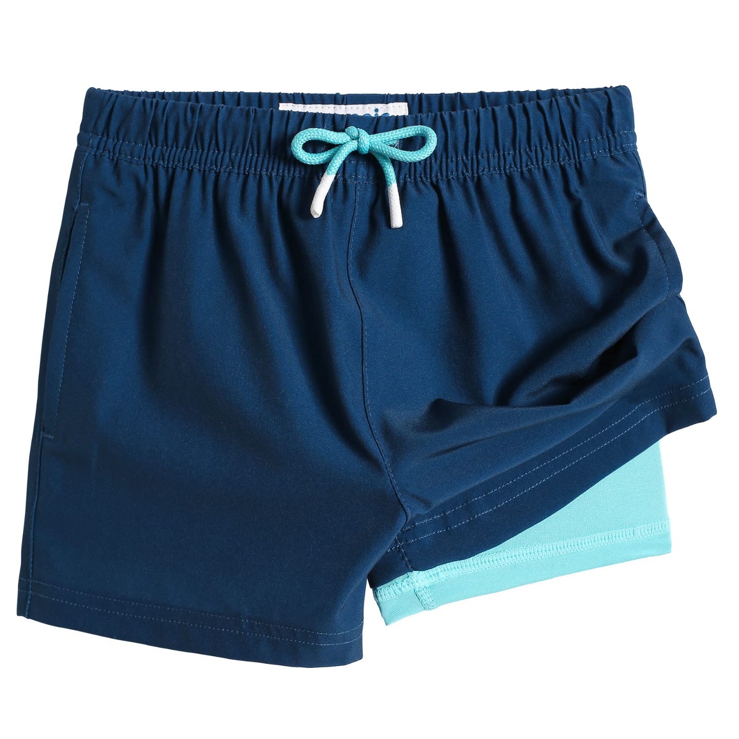 maamgic Boys Swim Trunks with Compression Liner Toddler Stretch Swim Shorts Quick Dry Swimming Trunks Boxer Brief 2 in 1 Beach Shorts Navy Lake Blue 10/12