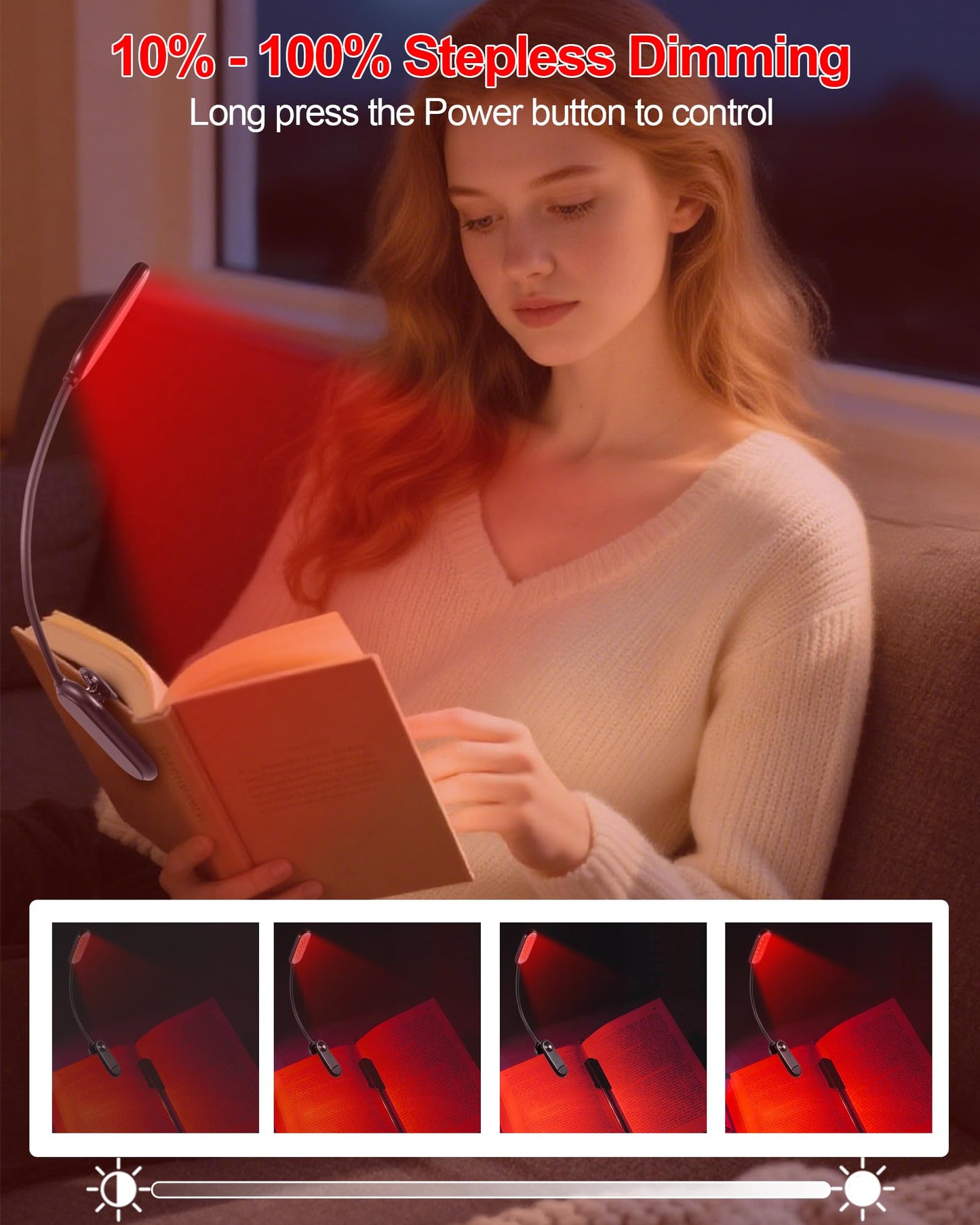 Finezeal 625nm Red Book Light - Rechargeable Clip On Red Reading Light Therapy for Sleep - No Blue-Light, Poratble LED Book Lamp, Gift for Kids Students Travel Nursing Studying - 3 Adjustable Modes