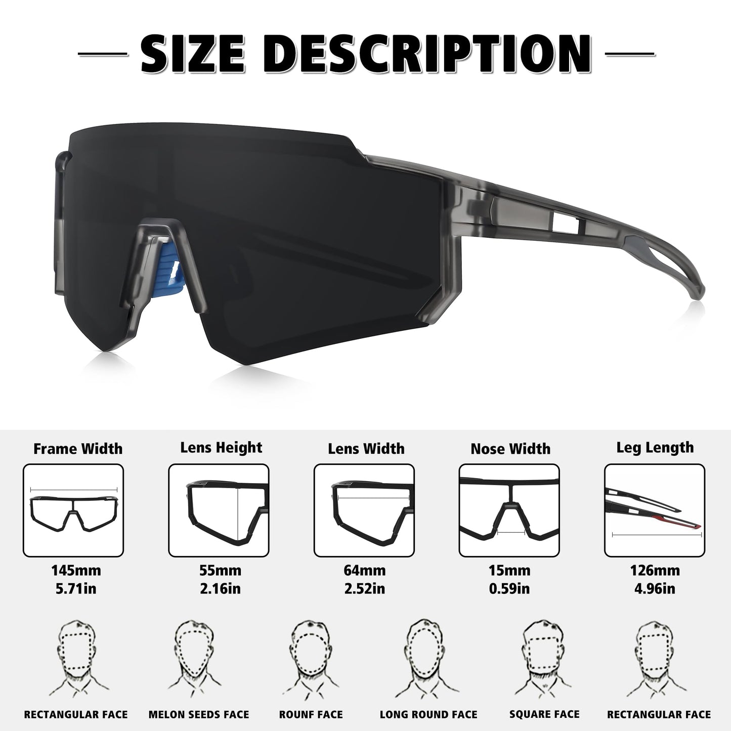 STORYCOAST Polarized Sports Sunglasses for Men Women,Driving Fishing Cycling Mountain Bike Sunglasses UV400 Protection Clear Gray Frame-Gray Lens