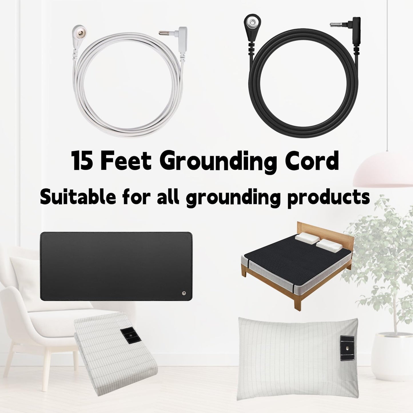 YEOUMIAR 2 Pack Grounding Cords, 15 Feet Grounding Cable, Replacement Grounding Wire for Grounding Mats, Sheets, Pillowcases, 1 White & 1 Black.