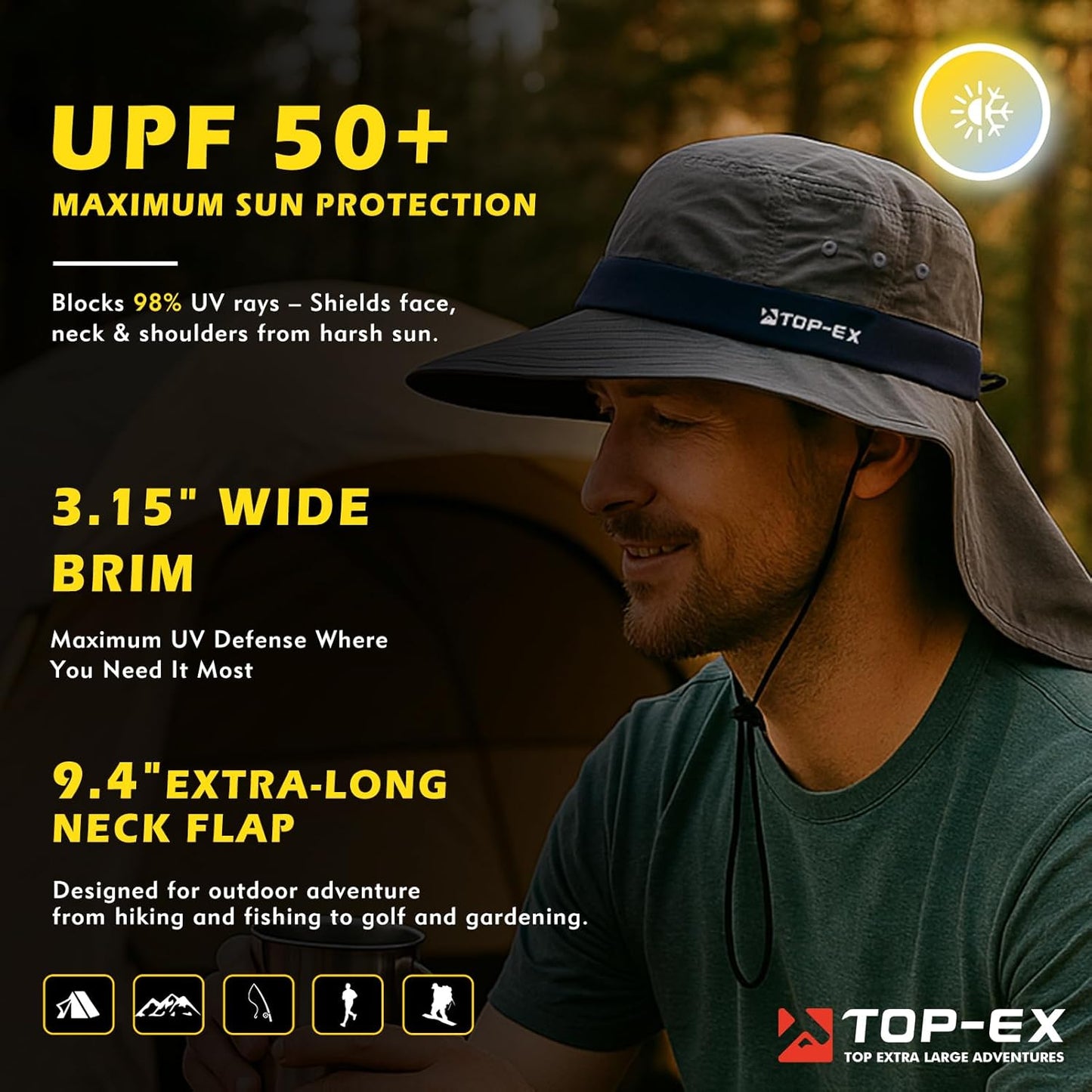 TOP-EX Cooling Sun Hat - UPF 50+ Wide Brim with Neck Flap for Hiking, Fishing & Comfort