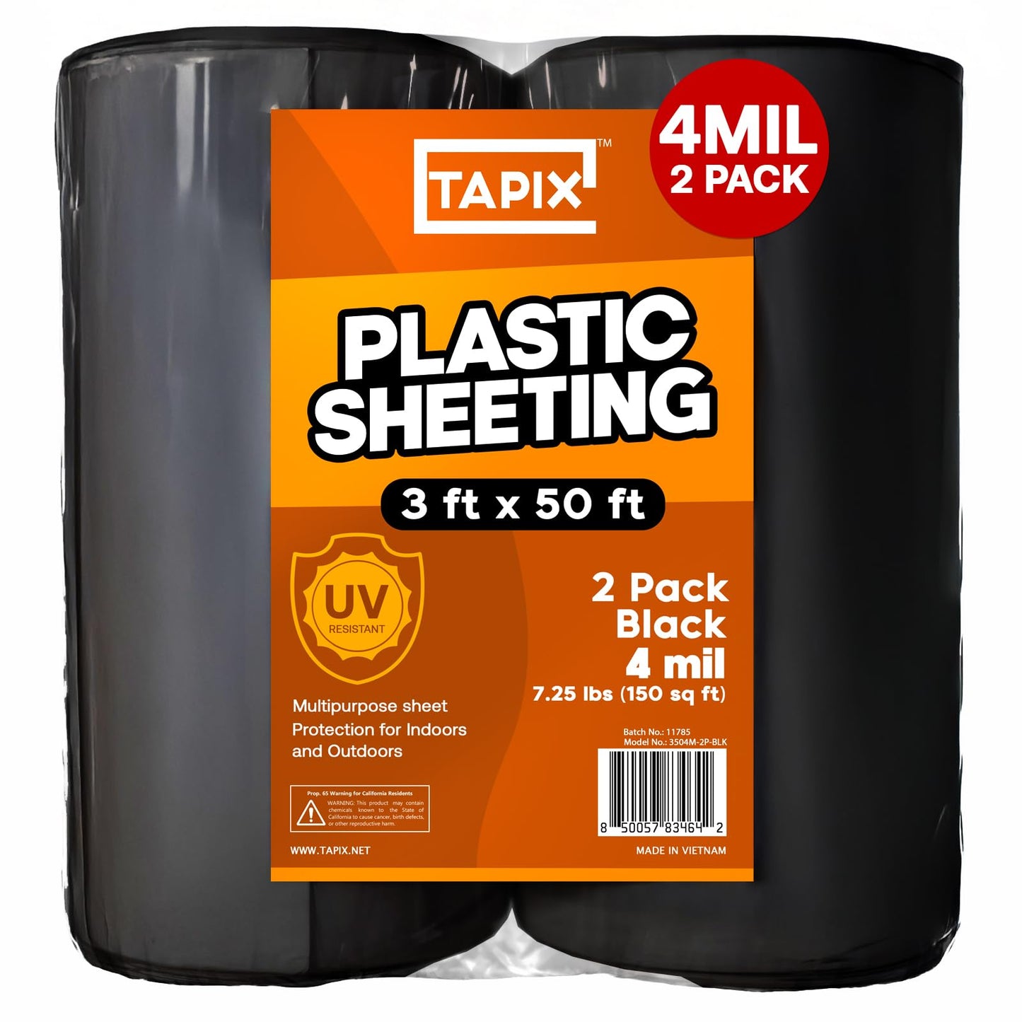 Black Plastic Sheeting Roll 3'x50' (2 Pack) – 4 Mil UV Protected, Weed Barrier & Landscape Plastic for Gardening, Root Blocker & Moisture Barrier, Protective Covering for Painting & Equipment