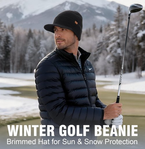 Wmcaps Mens Winter Beanie with Brim - Fleece Lined Thermal Knit Visor Hat for Cold Weather Black