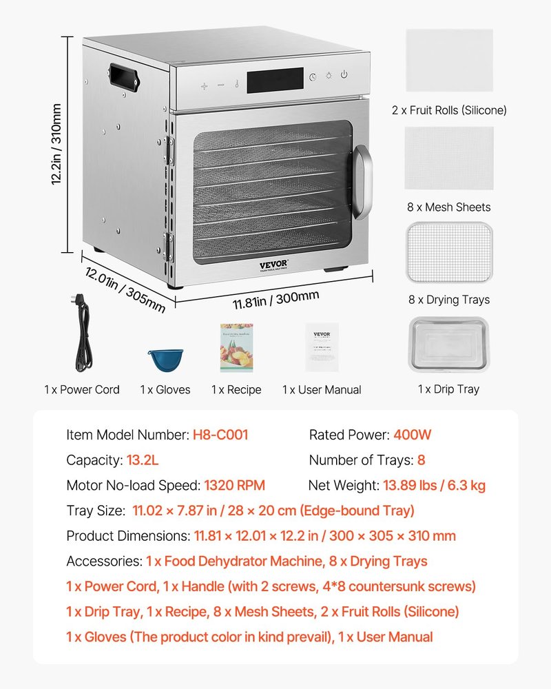 VEVOR Food Dehydrator Machine, 8 Stainless Steel Trays, 400W Electric Food Dryer with Adjustable Temperature & 24-Hour Timer, Food Dehydrator for Jerky, Meat, Fruit, Vegetables, Herbs, Dog Treats