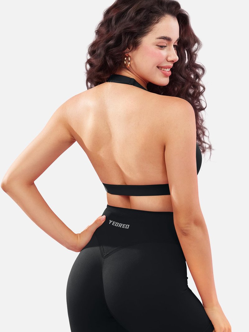YEOREO Roxanie Women Halter Sports Bra Scoop Neck Removable Padded Open Back Yoga Workout Crop Tank Top Black M