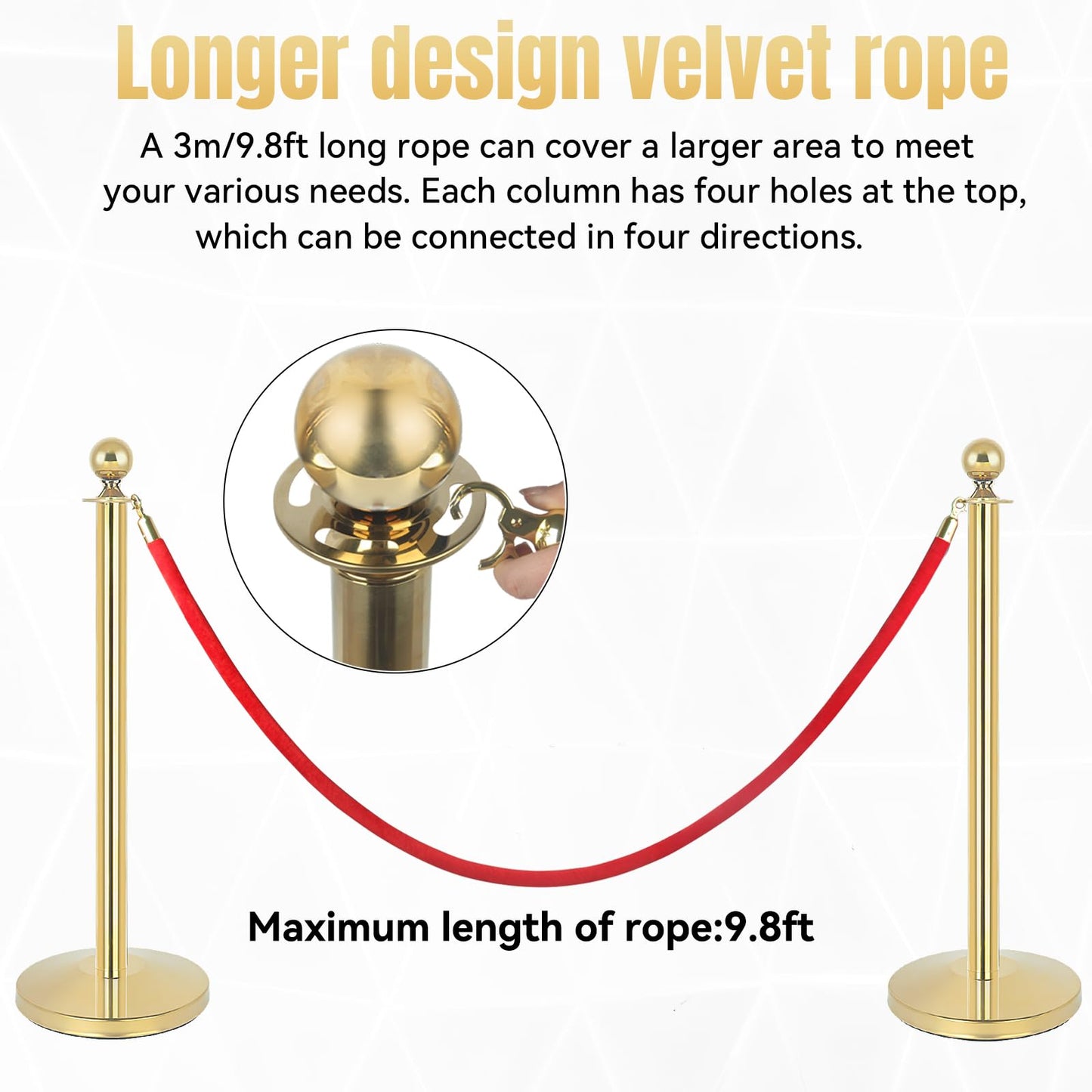 2Pack Stainless Steel Stanchion Posts 9.8ft Red Velvet Rope Suitable for theaters, stadiums and Other venues Easy to Install Gold