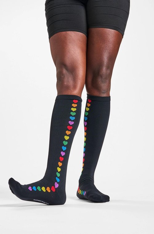Nurse Mates Women's Calf Socks | 12-14 mmHg Compression | Comfort Support | 1 Pair | Rainbow Hearts