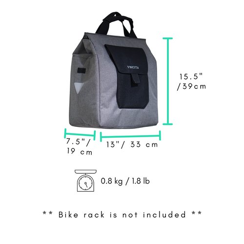 Vincita Jess Insulated Bike Grocery Pannier – 24L Thermal Cooler Bag for Rear Rack – Fits Full Size Shopping Bags – Rigid Back Panel, Strong Hooks & Zipper Closure – Reflective Commuter Tote (Single)