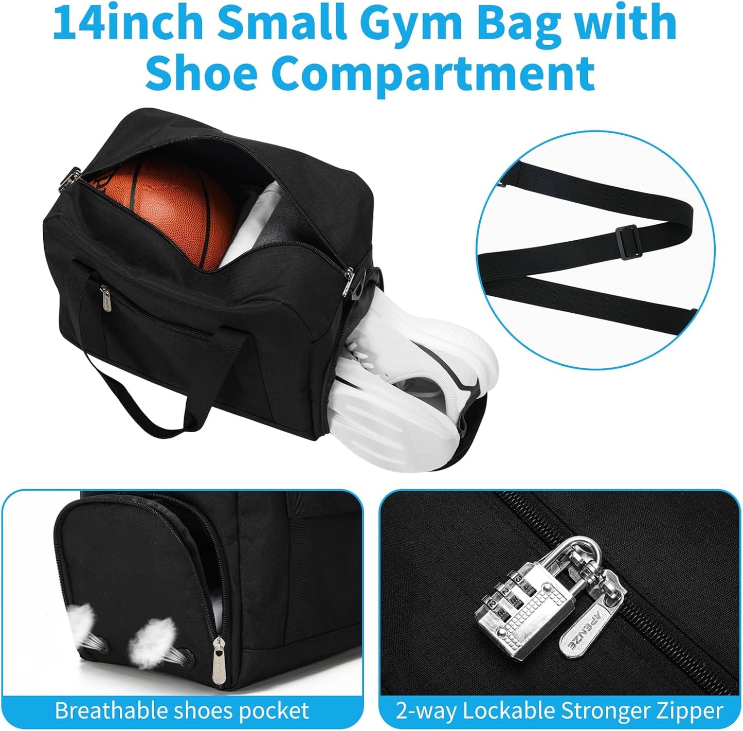 Skiennix Small Gym Bag - Lightweight 14-Inch Mini Duffel with Shoe Compartment | Travel Sport - Black