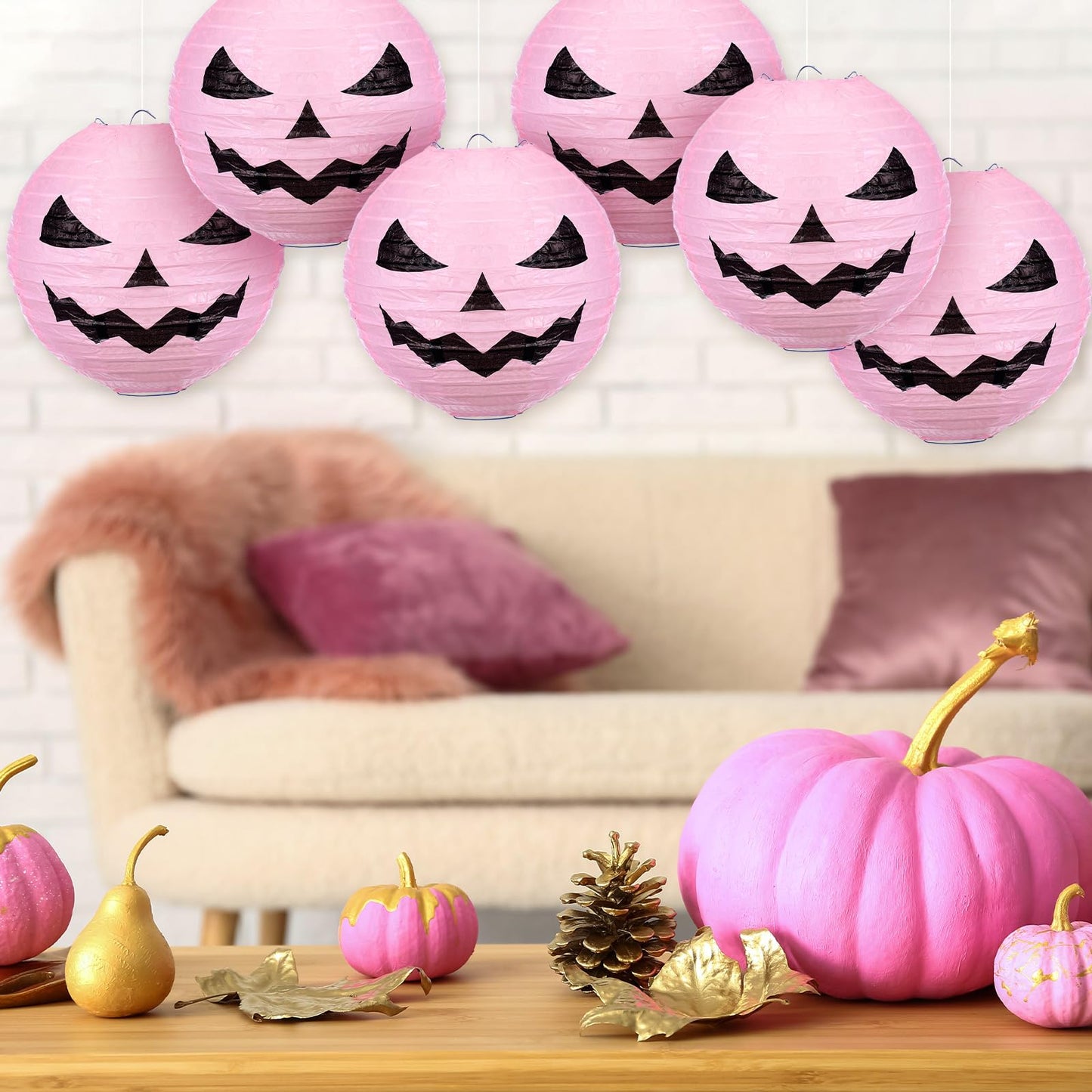 Riakrum 6 Pcs 8 Inch Halloween Jack O Paper Lantern Decoration Halloween Pink Pumpkin Paper Lantern Hanging for Indoor Outdoor Garden Party Decoration