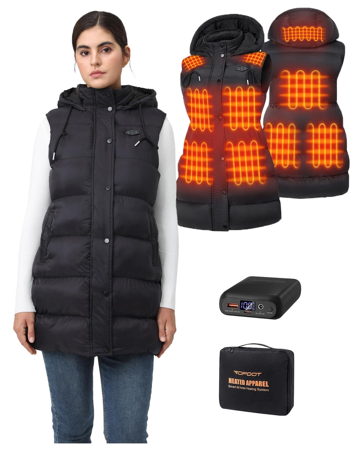 Topdot Long Puffer Heated Vest for Women with 16000mAh Battery Pack, 10 Heating Zones Hooded Winter Heated Vest Outwear,L