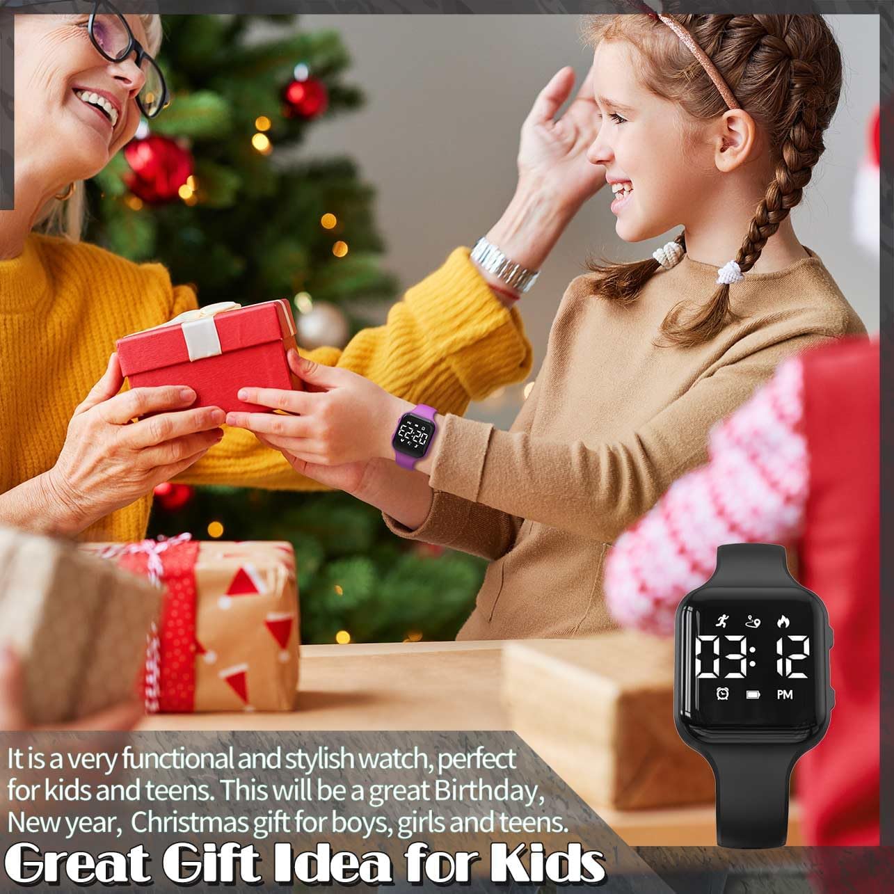 Skiennix Children’s Fitness Tracker Watch - Waterproof Digital Step Counter with Pedometer & Alarm (Black)