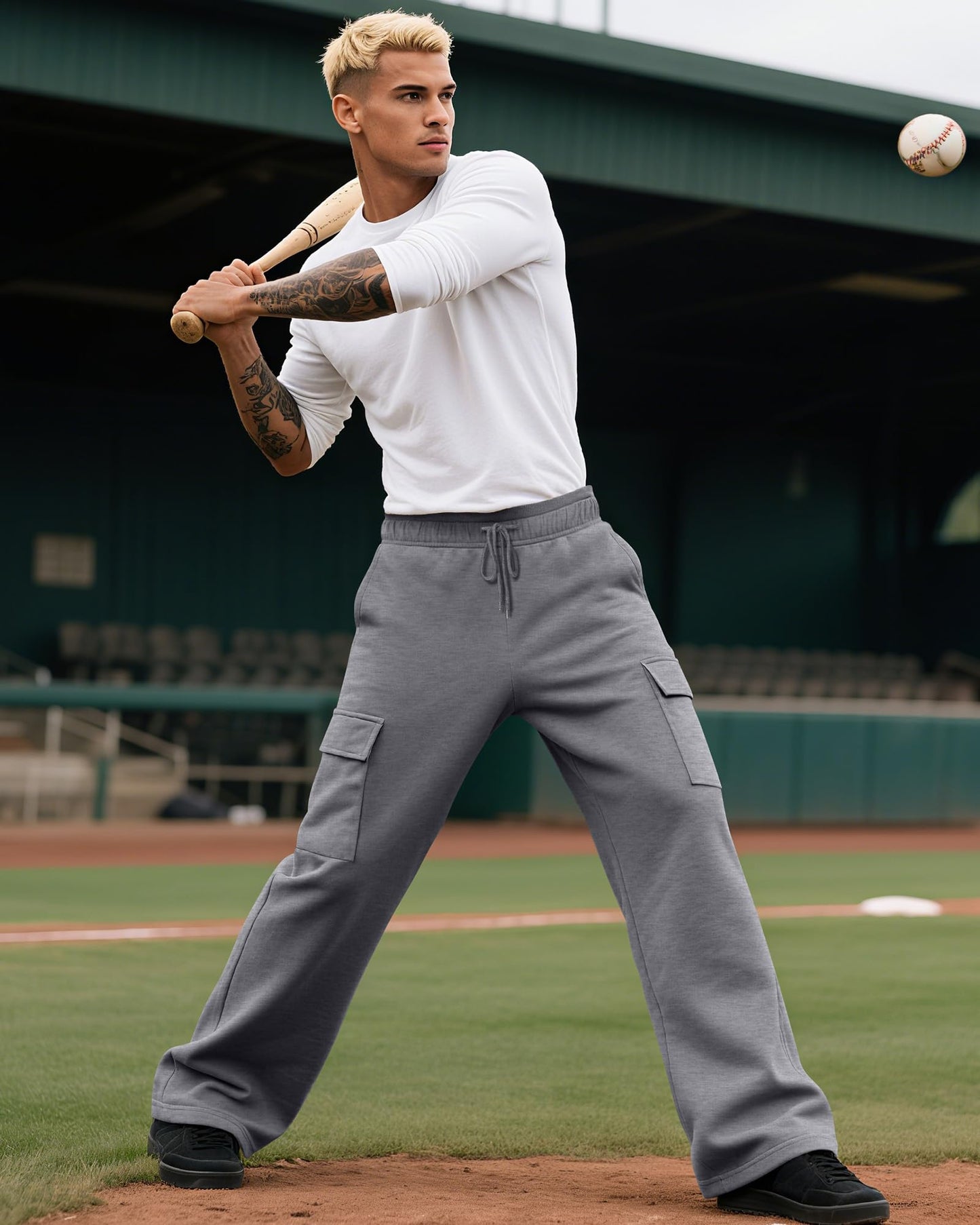 August Alley 3 Pack Men's Cargo Sweatpants Drawstring Thin Straight Leg Pants Casual Baggy Open Bottom Jogger with Pockets(Gray, Light Gray, Black,Medium)