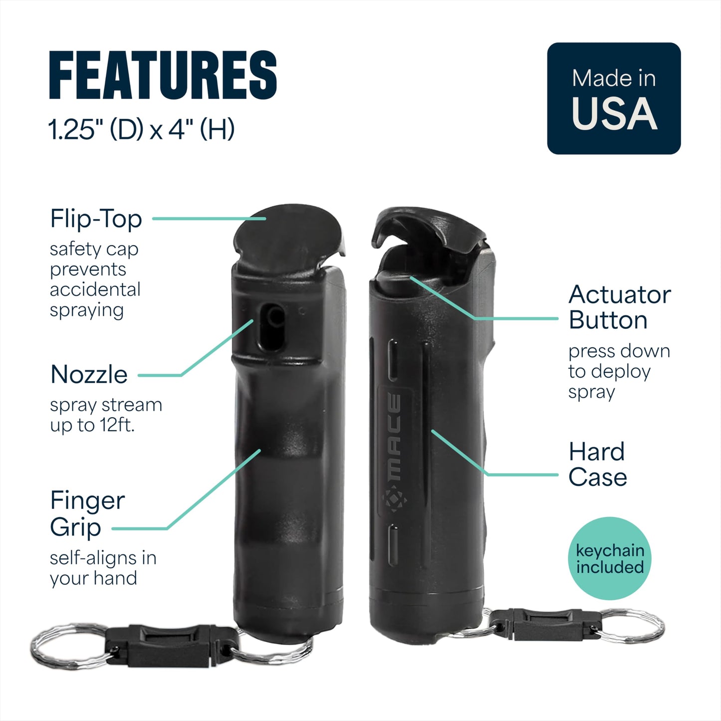 Mace Pepper Spray - 2-Pack Quick Release Hard Case Model, 0.42 oz, 12 Feet Range, Max Police Strength, Long Lasting UV Dye, Flip Top Safety Cap, Self Defense Pepper Spray for Women & Men - Black
