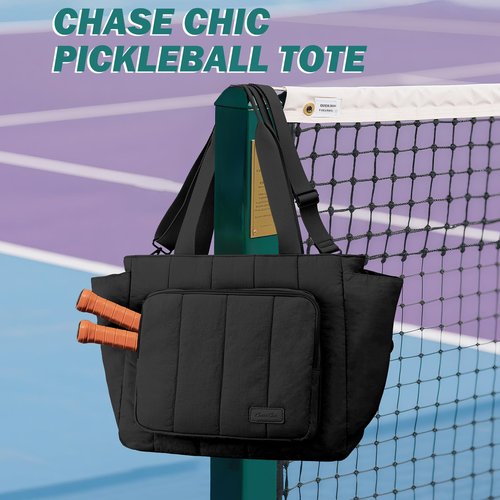 Chase Chic Pickleball Tote Bag for Women,Lightweight Puffer Quilted Crossbody Shoulder Bag Pickle Ball Paddle Holder for Gym Sports,Black