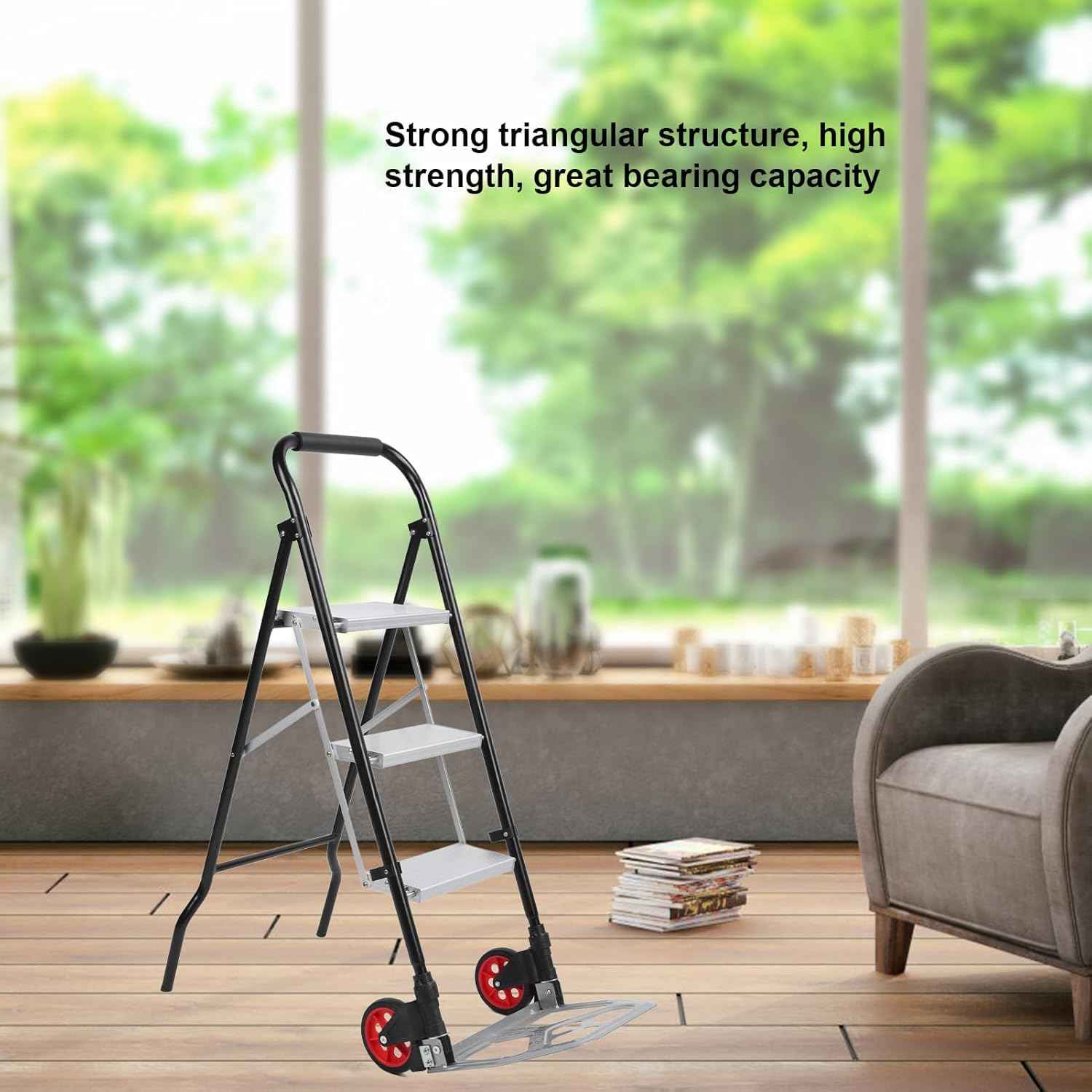3-Step Folding Ladder Aluminum Alloy Non-Slip Steps Space Saving Stool Cart 150kg Capacity for Home Garage Kitchen