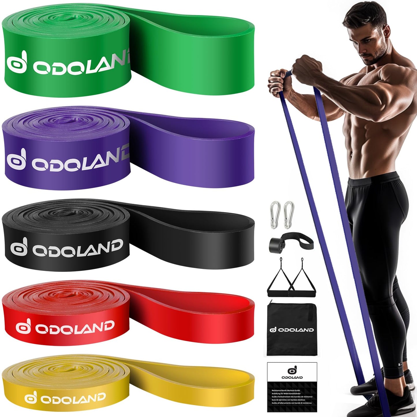 5 Packs Pull Up Assist Bands, Odoland Pull Up Straps, Resistance Bands with Door Anchor and Handles, Stretch Mobility, Powerlifting and Extra Durable Exercise Bands with eGuide