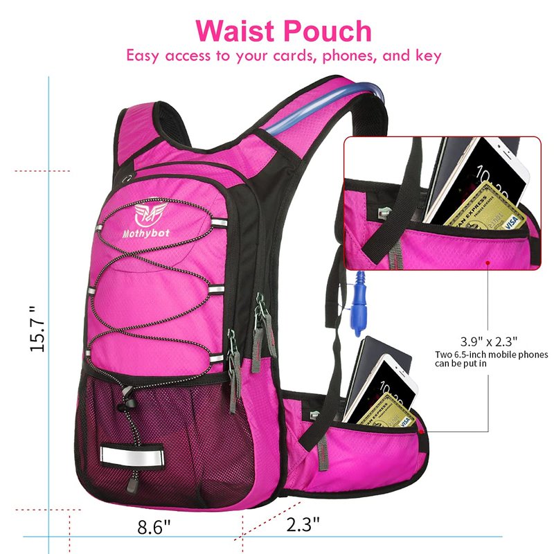 Mothybot Insulated Hydration Backpack Pack with 3L BPA Free Leak Proof Water Bladder, Large Storage Lightweight Hiking Daypack with Waist Pouches & Cooler Layer, for Running, Biking, Camping, Festival