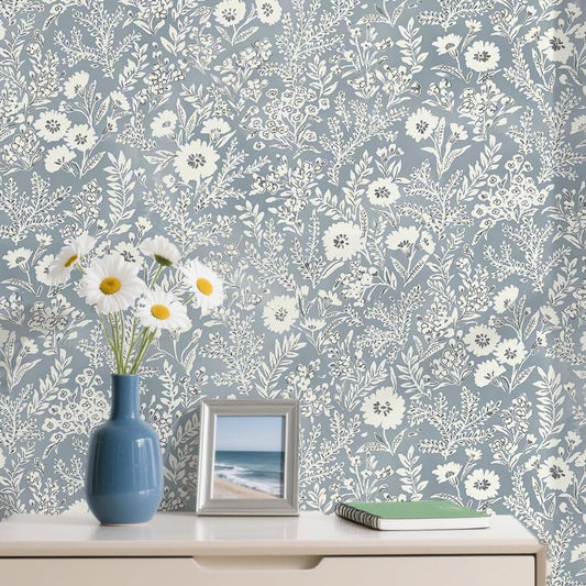 Micpolo Blue Wallpaper Peel and Stick wallpaper Blue Floral Wall Paper for Bedroom/Bathroom Vintage Boho Contact Paper Removable Self-adhesive Wall Decor Shelf Linings/Cabinets Vinyl Roll 17.3" x 118"