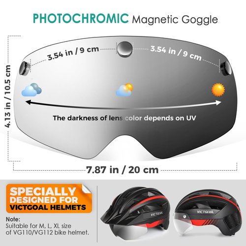 VICTGOAL Detachable Magnetic Bike Helmet Goggles Visor Especially Deisgned for VG110/VG112 Bicycle Helmet (Photochromic)