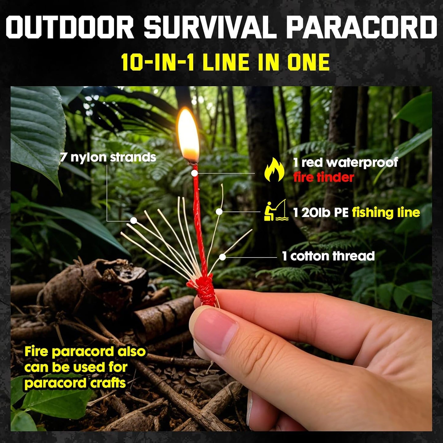 Skiennix Paracord 550 | Military-Grade Survivor Cord with Fishing Line & Fire Starter - 10 Strands