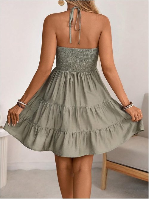 **SOLY HUX Women's Summer Mini Dress - Halter Backless A-Line with Ruffle Hem - Flowy Cami Sundress**