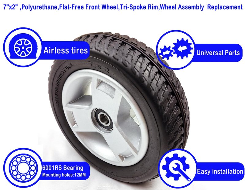 Mobility scooter replacement wheel,7"x2",Flat-Free Front Wheel,Tri-Spoke Rim for 4-Wheel Go-Go Elite Traveller (SC44E) & Go-Go LX with CTS (S54LX) Scooters (WHLASMB1868),W/bearing,Silver+Black,1Pr