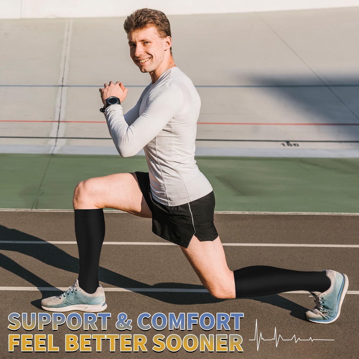 Sooverki Compression Socks for Men & Women 8 Pack 15-20mmHg - Knee High Stockings Leg Warmers Best Support for Running Athletic Work Cycling Travel Black Nylon Polyester Gifts Mujer Hombre