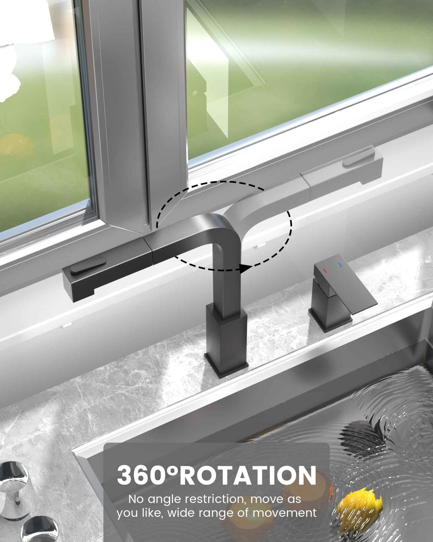 APPASO 2 Hole Kitchen Faucets, Square Kitchen Faucet with Pull Down Sprayer, Black Kitchen Faucet with Sprayer, Stainless Steel, Single Handle Faucets for Kitchen Sink