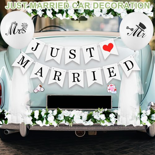 Wedding Golf Cart Decorations 1 Just Married Sign Banner 4 Rose Garland 14 Assorted Ornate Car Magnets 19.7ft Draping Fabric 4 Mr and Mrs Just Married Balloons for Bridal Shower Honeymoon Photo Props