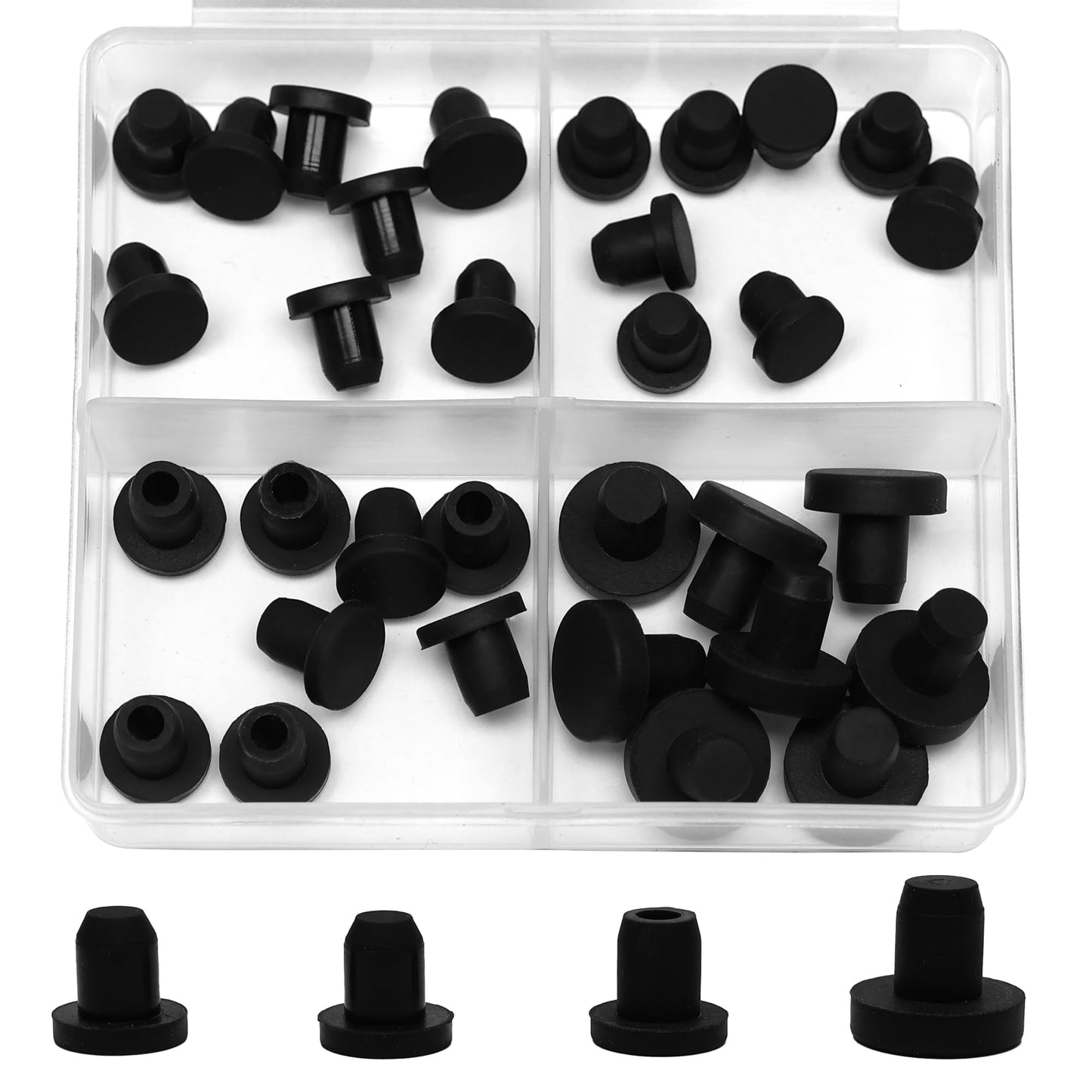 EASYEAH 4 Sizes 6.3/6.5/6.8/7 mm T-Shaped Silicone Plugs 1/4 inch Soft Flexible Rubber Stopper in Tube End Cap Cover Waterproof Sealing Hole Plugs for Bottles Pipes, Black, 32 Pcs
