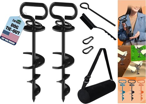Eurmax USA Dog Tie Out Stake - Heavy Duty Triple Lock Anchor for Large Dogs | 2-Pack Black