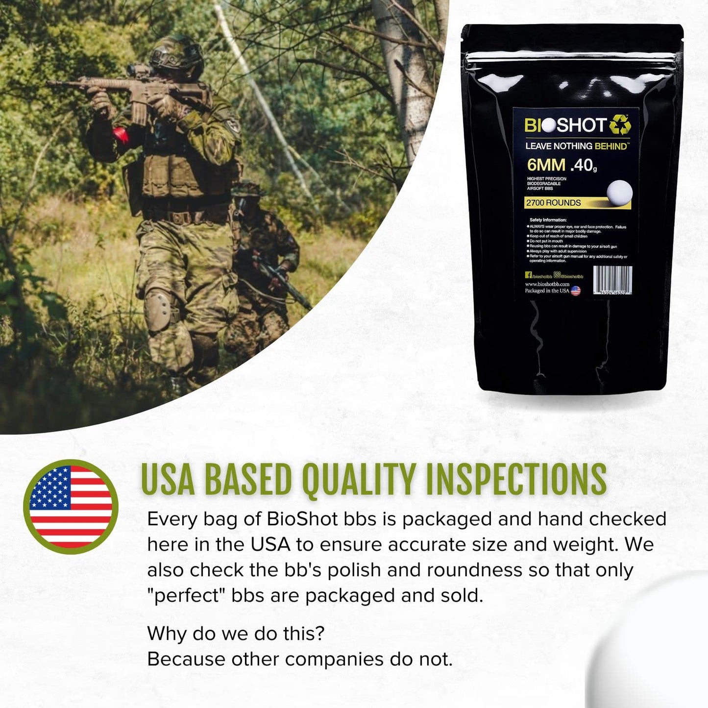 BioShot Biodegradable Airsoft BBS - .40g Super Slick Seamless Sniper Weight Competition Match Grade for All 6mm Airsoft Guns and Accessories (2700 Rounds, White)