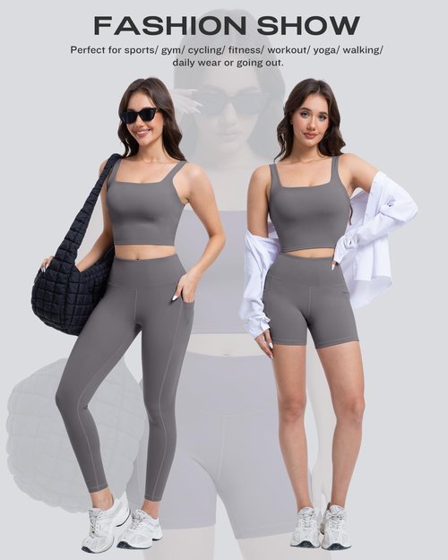 SALSPOR 3 Piece Workout Sets for Women High Waisted Leggings with Pockets Tummy Control Biker Shorts Yoga Sports Bra(3YFTZ-Gray-M)