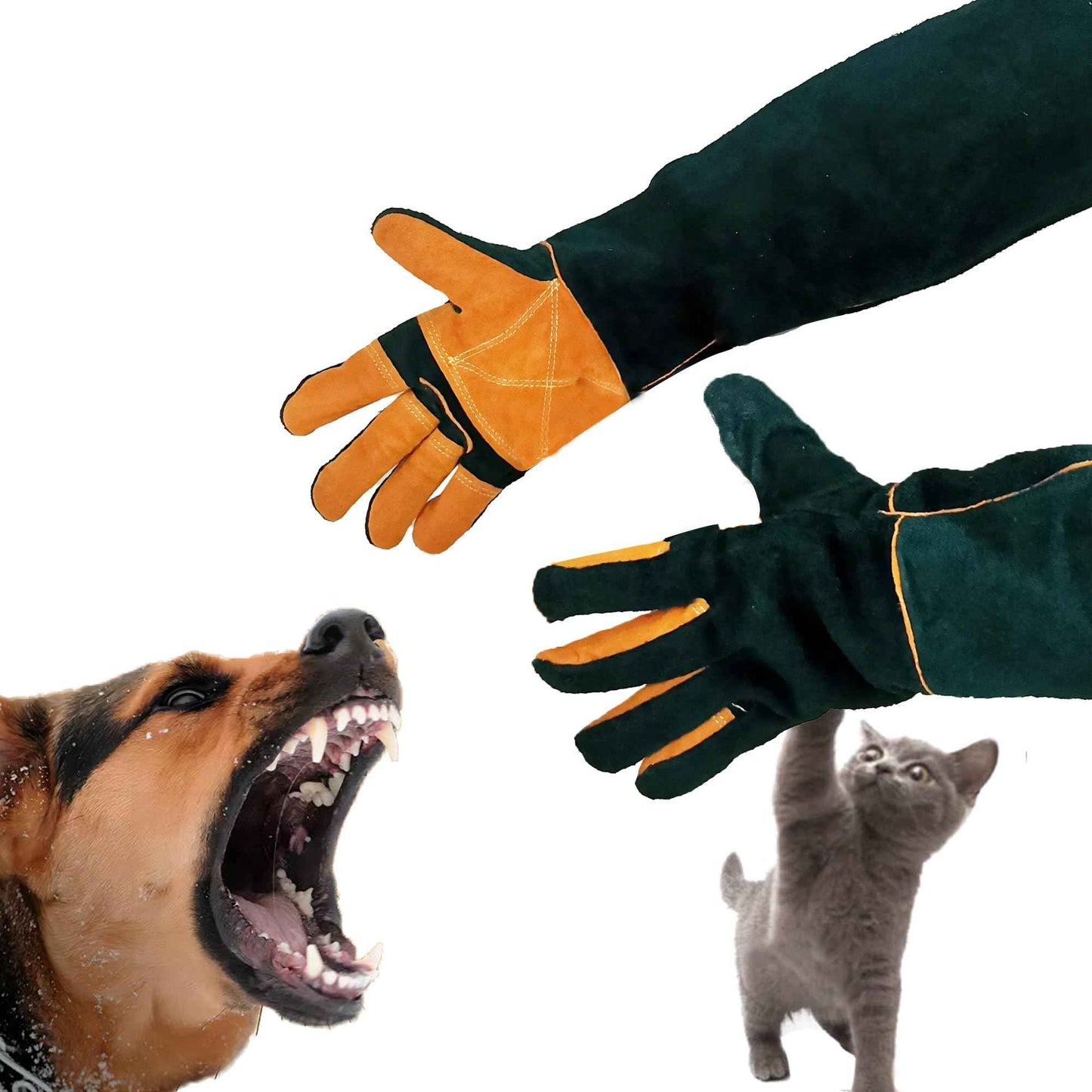 FelRelWel Animal Handling Gloves,23.6" Long Sleeves Gauntlet,Safety Work Glove, Cowhide Leather Anti Bite Glove Confront Pet Cat Bird Bite,Proof Gloves for Dogs Training, Dark Green,1 Pair