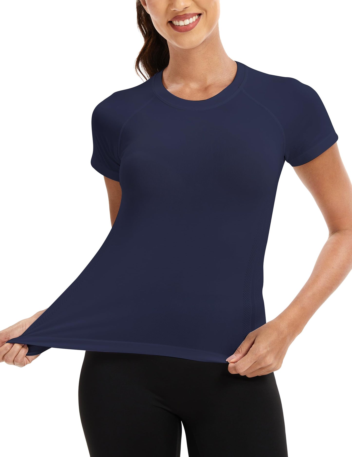 Nyvalle Workout Tops for Women Hip Length Athletic Running Gym Yoga Short Sleeve Shirts Seamless Breathable Crewneck Tees Navy