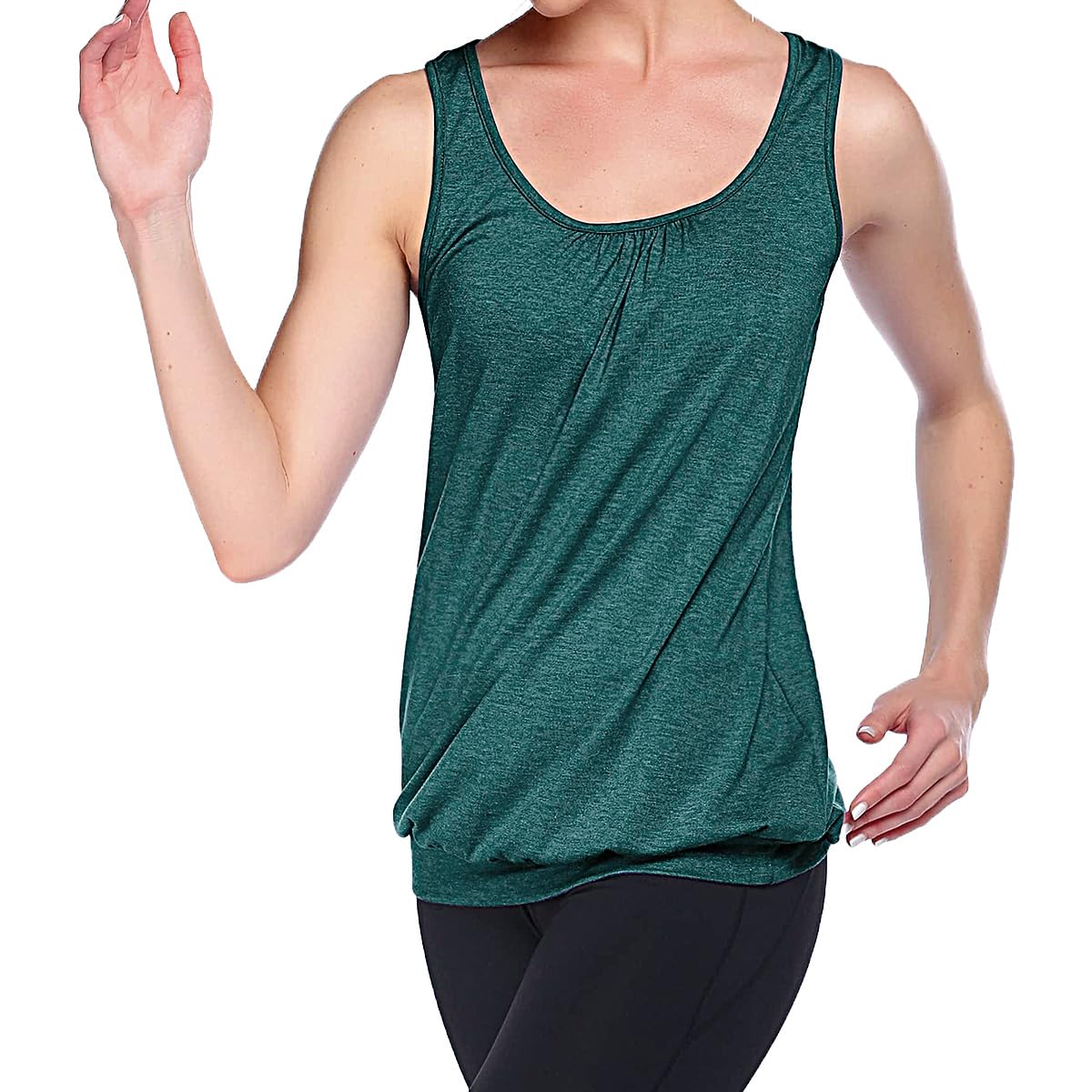 YOFIBRANT Long Tank Tops for Women Tummy Coverage Tops for Woman Pilates Round Collar Sleeveless Tanks Shirts Banded Bottom Loose Blouse for Petite Sports Clothing Green Medium