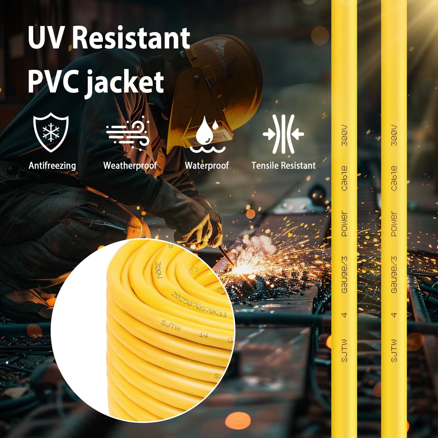 10/3 SJTW Yellow Wire 50 Feet - 10 AWG 3 Conductor SJTW Cable with UV-Resistant Jacket for Motor Leads, Battery Chargers and Machine - 50 ft Electrical Wire