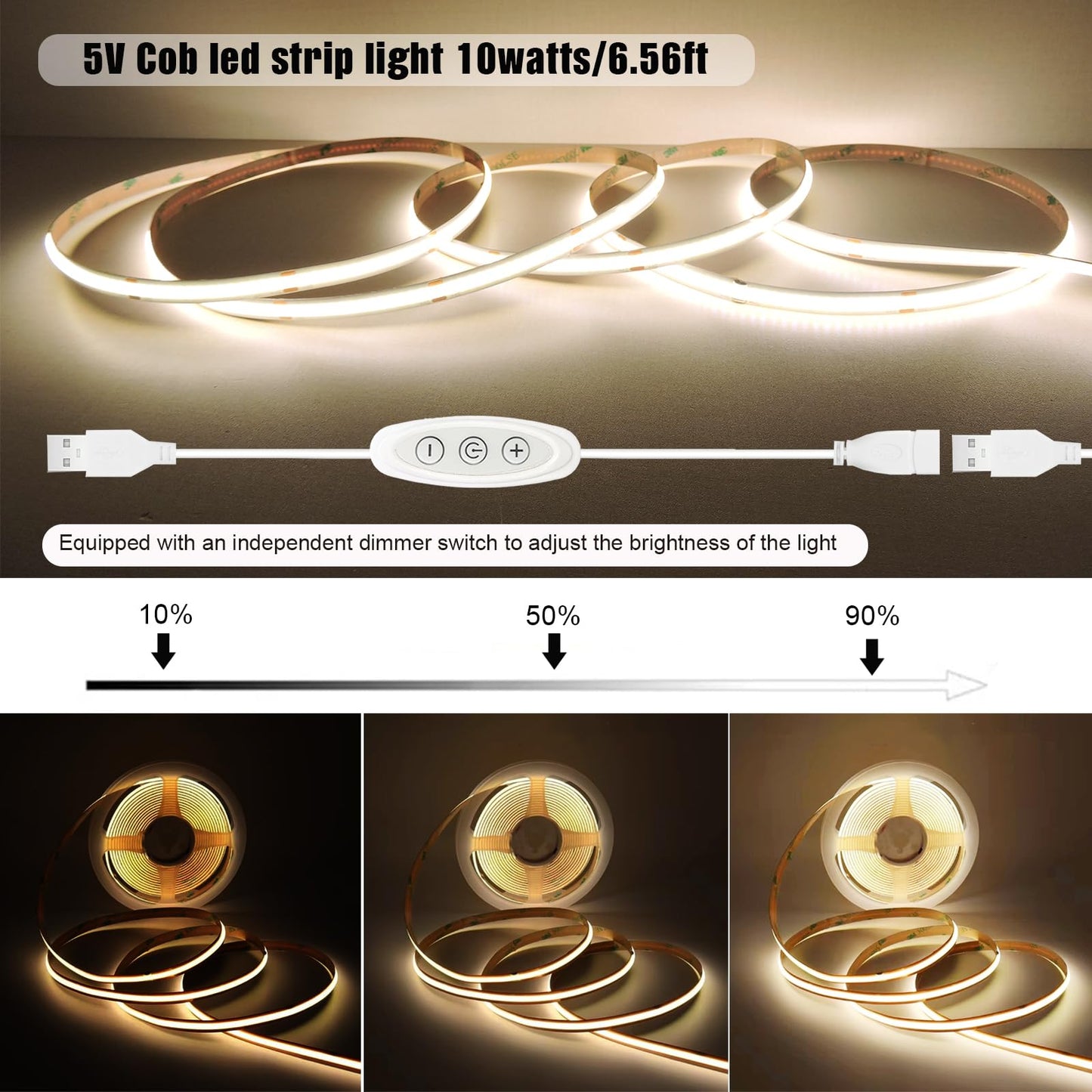 GXILEE COB LED Strip Lights Natural White 4000K CRI92+, DC 5V 6 ft Led Light Strip with Dimmer Switch for Cabinet Home Office DIY Lighting Decoration