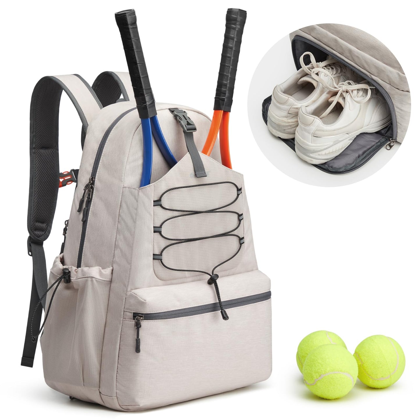 G4Free Tennis Bag, Tennis Backpack for Women Men, Large Pickleball Bag, Holds 4 Rackets with Shoe Compartment, Ivory, L, Casual Daypack