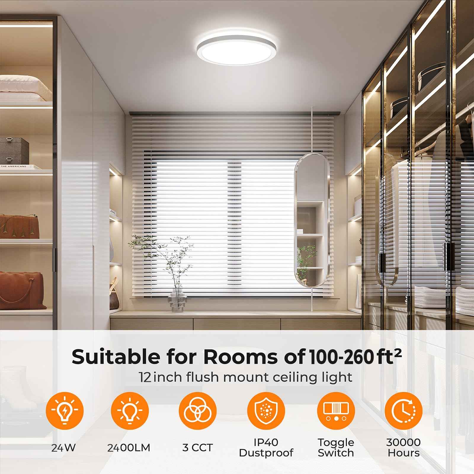 BLNAN LED Flush Mount Ceiling Light, 12 Inch 24W 3000K/4000K/5000K Hardwire Light Fixture, Ultra Thin Round White Lamp for Kitchen Porch Bedroom Hallway Stairwell Basement, Non-dimmable 1 Pack