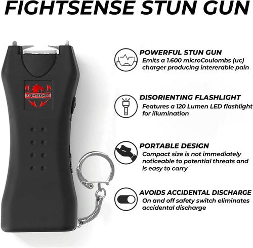 FIGHTSENSE Super Heavy Duty Keychain Stun Gun - Rechargeable Self-Defense Device with Flashlight & Nylon Holster